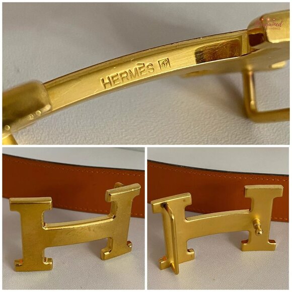 Authentic HERMES 32mm White/Orange Leather H Gold Reversible Buckle Belt 75/30 main image 10